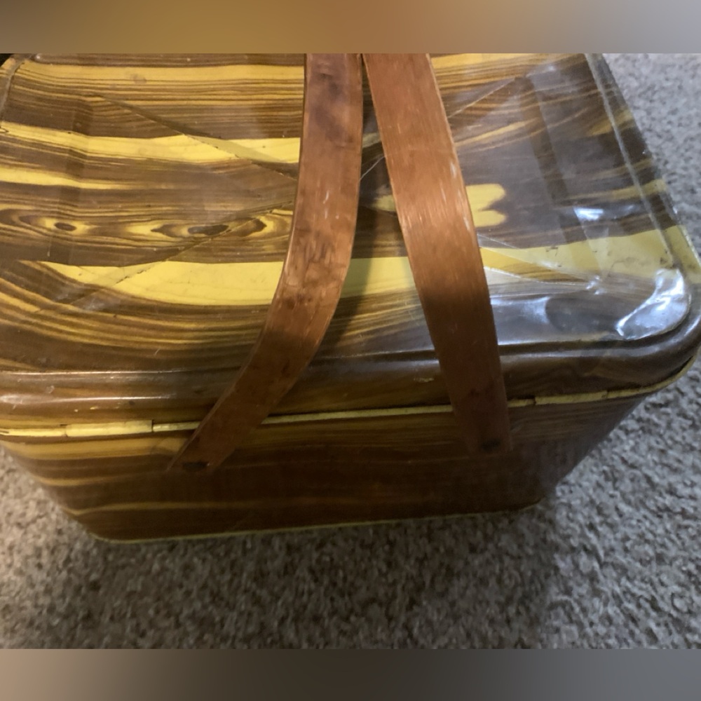 SOLD! Vintage wood look metal picnic basket.